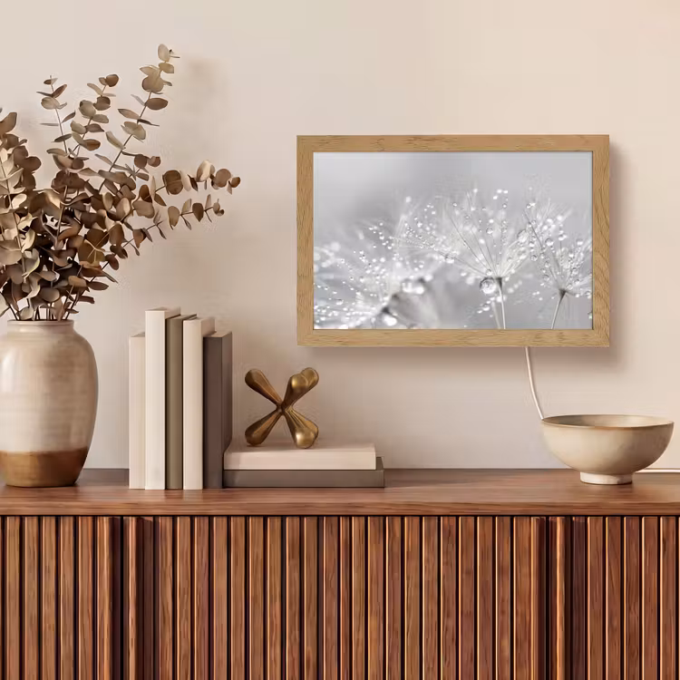 Paardenbloem - Waterdruppels - Stilleven - Modern Light Box met kabel (Tafellamp) klein -sfeer2