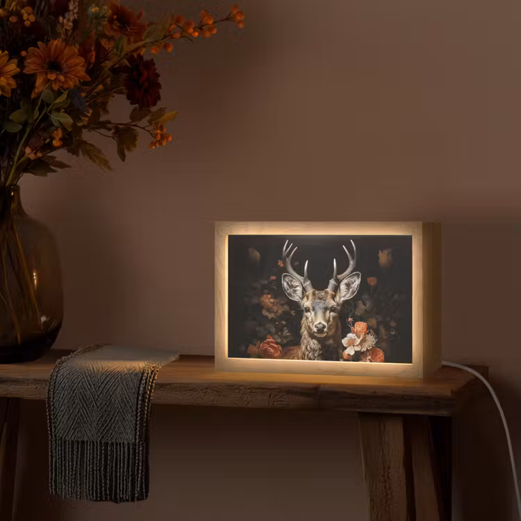 Hert - Dier - Bloemen - Natuur - Botanisch Light Box met kabel (Tafellamp) klein -sfeer4