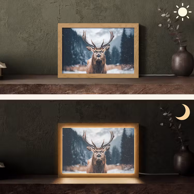Hert - Dieren - Landschap - Winter - Sneeuw Light Box met kabel (Tafellamp) klein -sfeer3