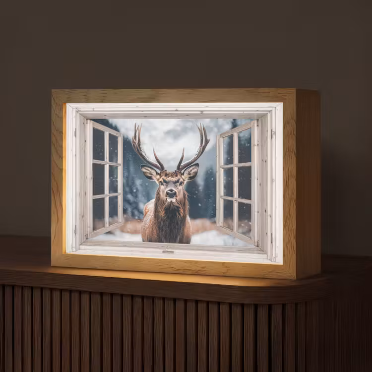 Hert - Dieren - Landschap - Winter - Sneeuw - Doorkijk - Natuur Light Box met kabel (Tafellamp) klein -z3d_website