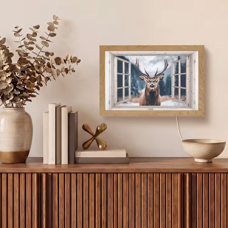 Hert - Dieren - Landschap - Winter - Sneeuw - Doorkijk - Natuur Light Box met kabel (Tafellamp) klein -sfeer2