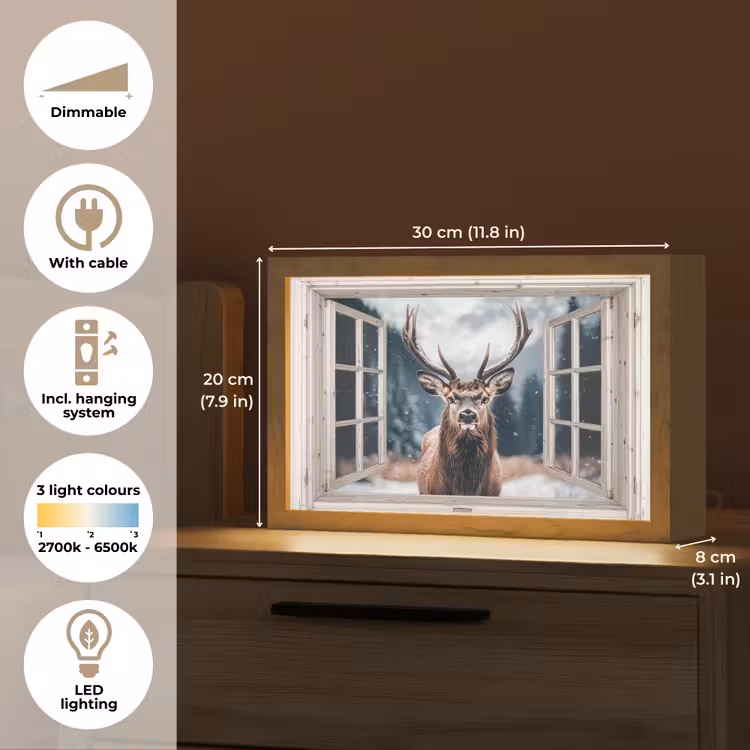 Hert - Dieren - Landschap - Winter - Sneeuw - Doorkijk - Natuur Light Box met kabel (Tafellamp) klein -USP_EN
