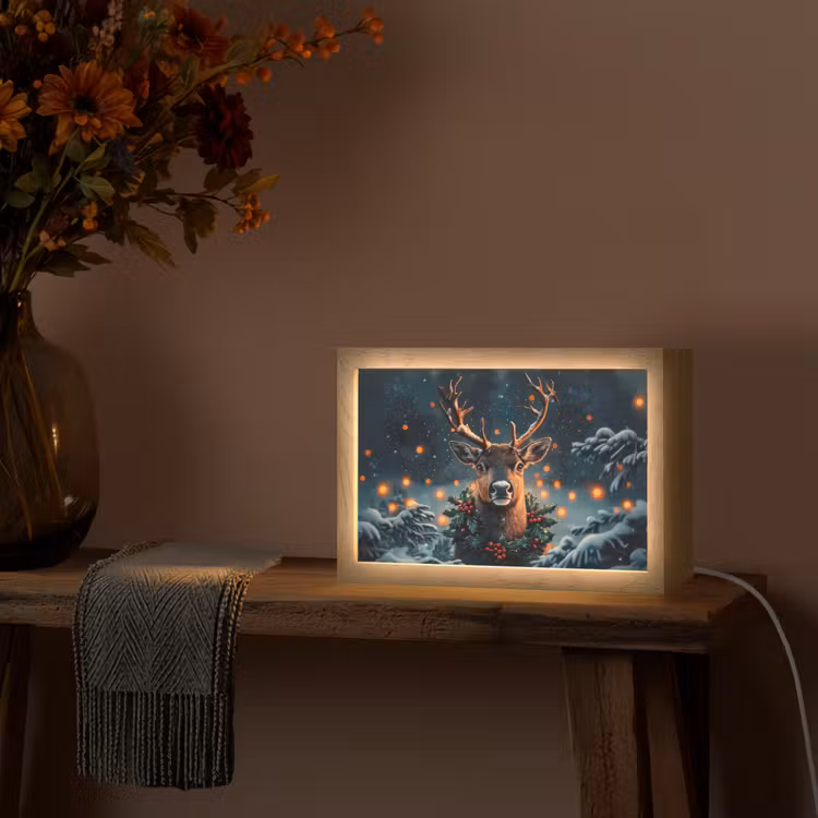 Hert - Kerst - Winter - Sneeuw - Kerstkrans Light Box met kabel (Tafellamp) klein -sfeer4