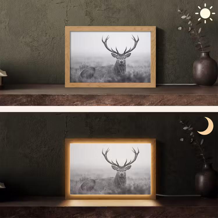 Hert - Mistig - Zwart - Wit Light Box met kabel (Tafellamp) klein -sfeer3