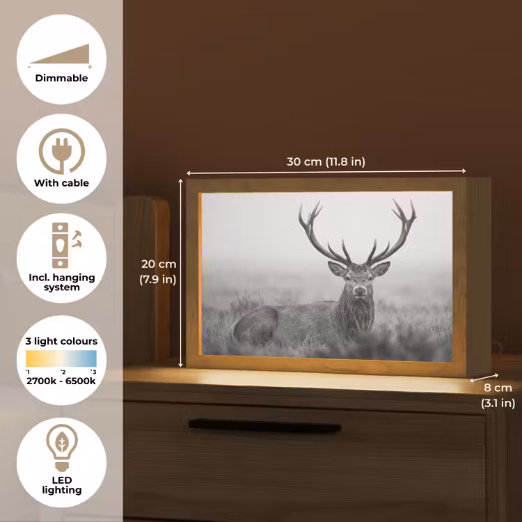 Hert - Mistig - Zwart - Wit Light Box met kabel (Tafellamp) klein -USP_EN
