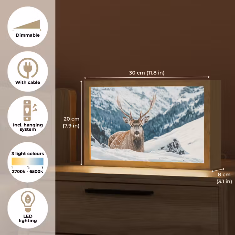 Hert - Landschap - Winter - Natuur - Dieren - Bergen Light Box met kabel (Tafellamp) klein -USP_EN