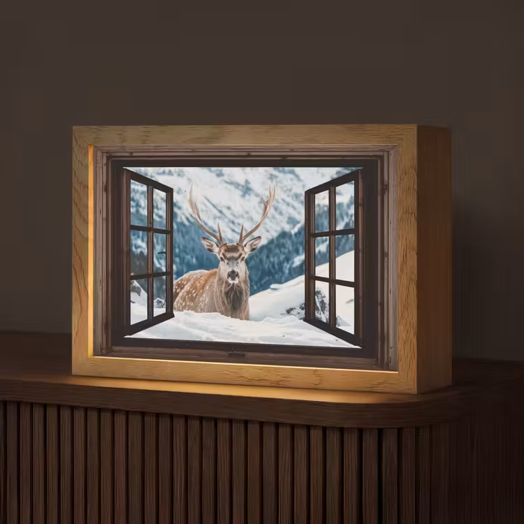 Hert - Landschap - Winter - Natuur - Dieren - Doorkijk - Bergen Light Box met kabel (Tafellamp) klein -z3d_website