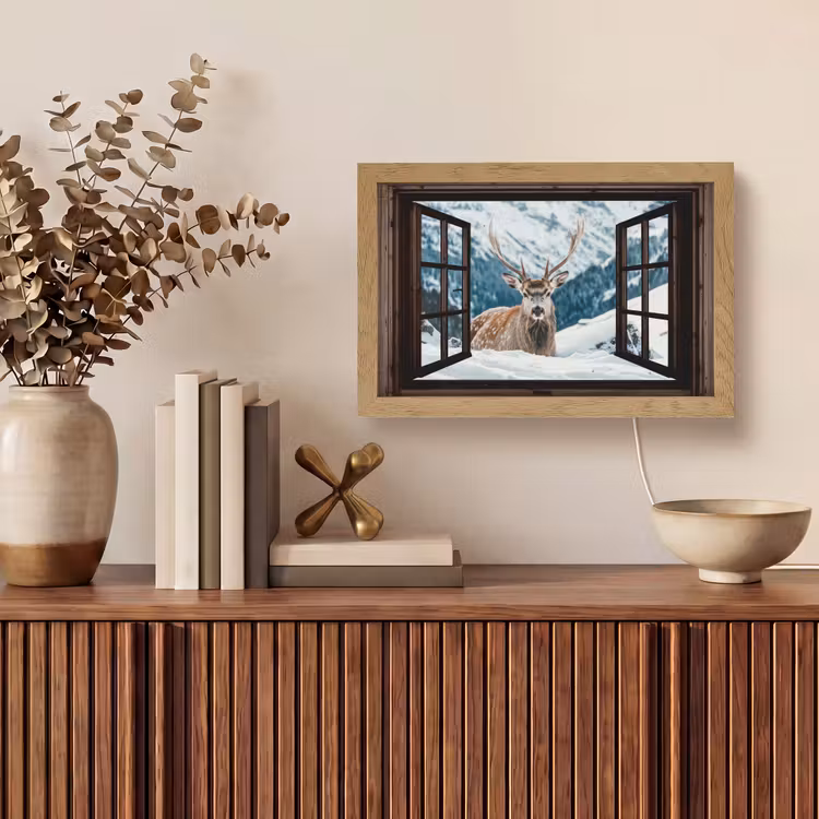 Hert - Landschap - Winter - Natuur - Dieren - Doorkijk - Bergen Light Box met kabel (Tafellamp) klein -sfeer2