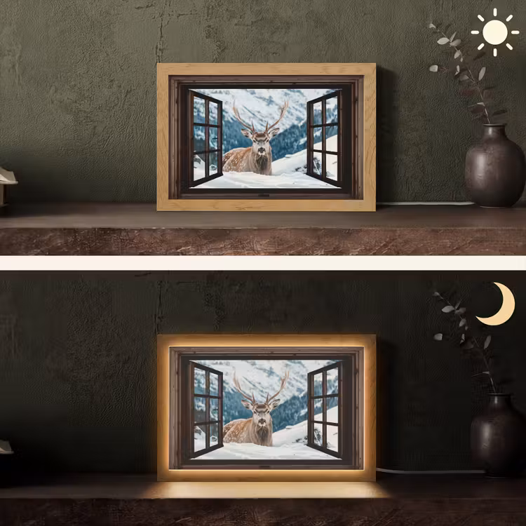 Hert - Landschap - Winter - Natuur - Dieren - Doorkijk - Bergen Light Box met kabel (Tafellamp) klein -sfeer3