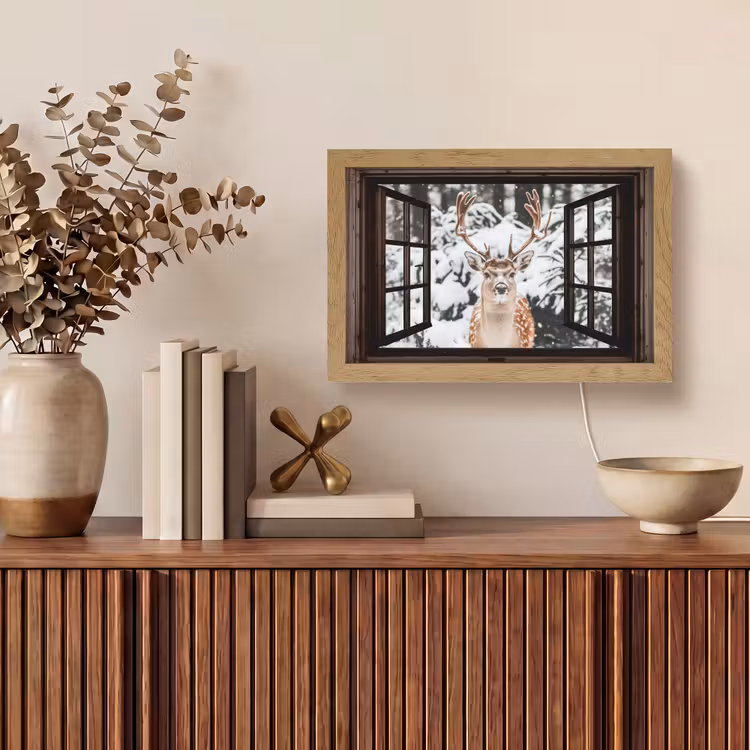 Hert - Sneeuw - Winter - Bos - Dieren - Doorkijk Light Box met kabel (Tafellamp) klein -sfeer2