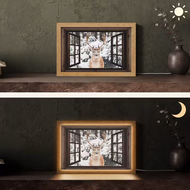 Hert - Sneeuw - Winter - Bos - Dieren - Doorkijk Light Box met kabel (Tafellamp) klein -sfeer3