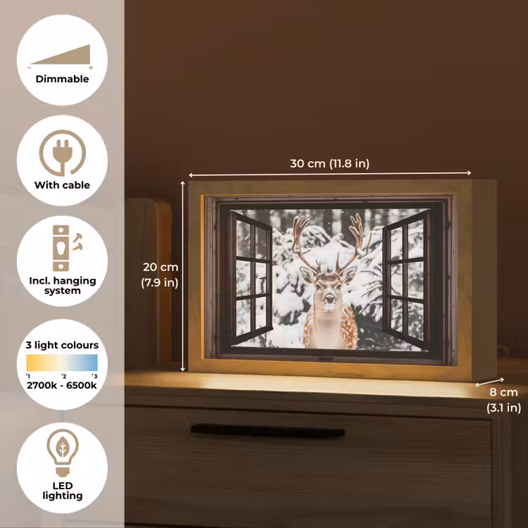 Hert - Sneeuw - Winter - Bos - Dieren - Doorkijk Light Box met kabel (Tafellamp) klein -USP_EN