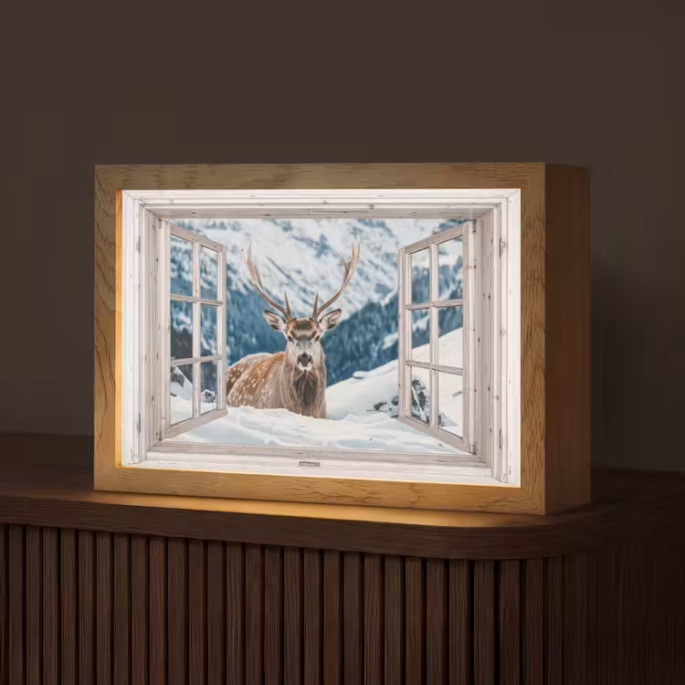 Hert - Winterlandschap - Natuur - Dieren - Doorkijk - Bergen Light Box met kabel (Tafellamp) klein -z3d_website
