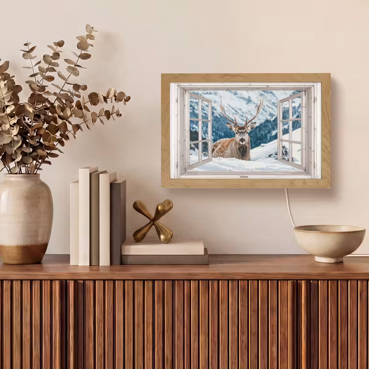 Hert - Winterlandschap - Natuur - Dieren - Doorkijk - Bergen Light Box met kabel (Tafellamp) klein -sfeer2