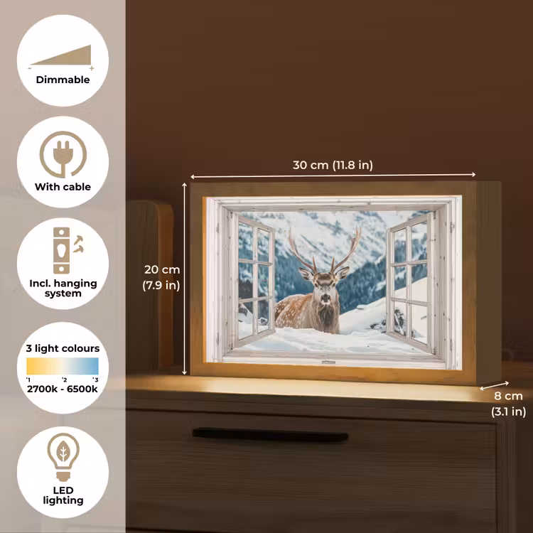Hert - Winterlandschap - Natuur - Dieren - Doorkijk - Bergen Light Box met kabel (Tafellamp) klein -USP_EN