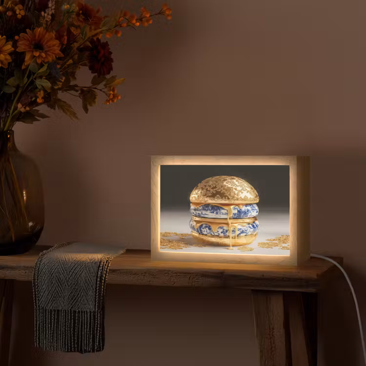 Delftsblauw - Goud - Burger Light Box met kabel (Tafellamp) klein -sfeer4