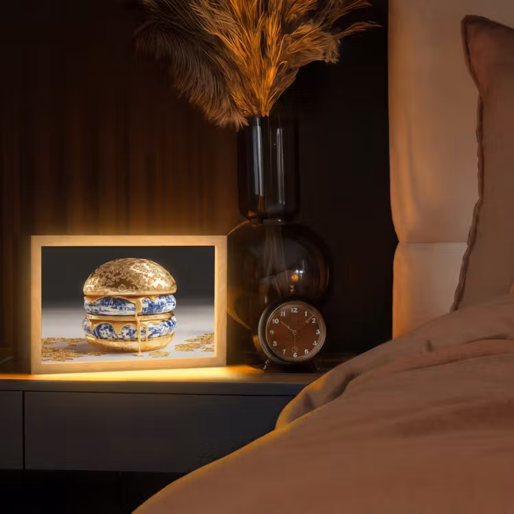Delftsblauw - Goud - Burger Light Box met kabel (Tafellamp) klein -sfeer1
