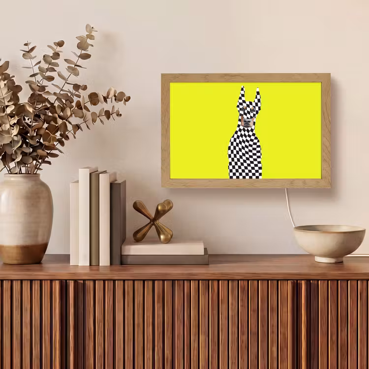 Dobermann - Geblokt - Geel Light Box met kabel (Tafellamp) klein -sfeer2