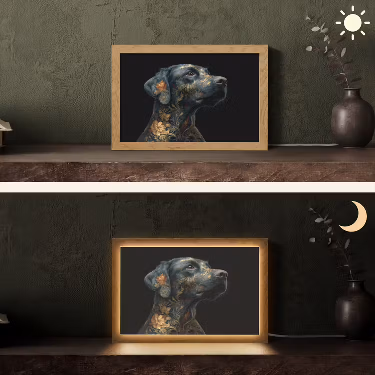 Hond - Zwart - Bloemen Light Box met kabel (Tafellamp) klein -sfeer3