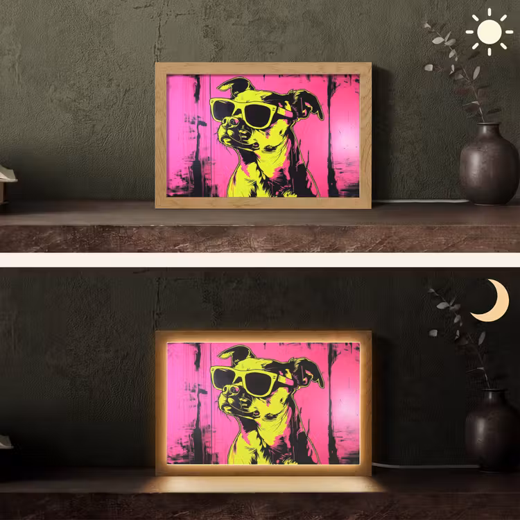 Hond - Zonnebril - Roze - Art Light Box met kabel (Tafellamp) klein -sfeer3