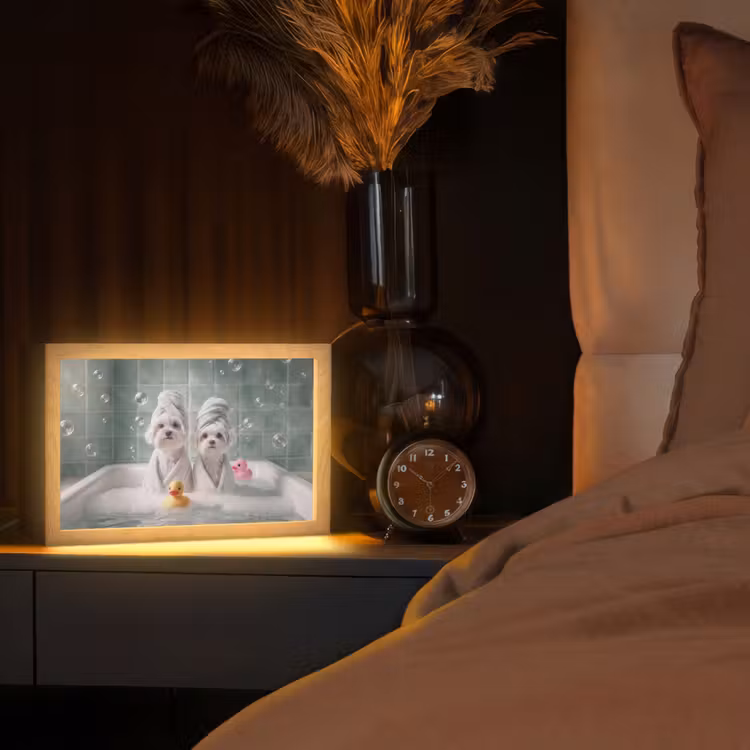 Hondjes - Badkuip - Badeendjes - Handdoeken Light Box met kabel (Tafellamp) klein -sfeer1