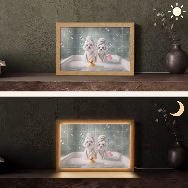 Hondjes - Badkuip - Badeendjes - Handdoeken Light Box met kabel (Tafellamp) klein -sfeer3