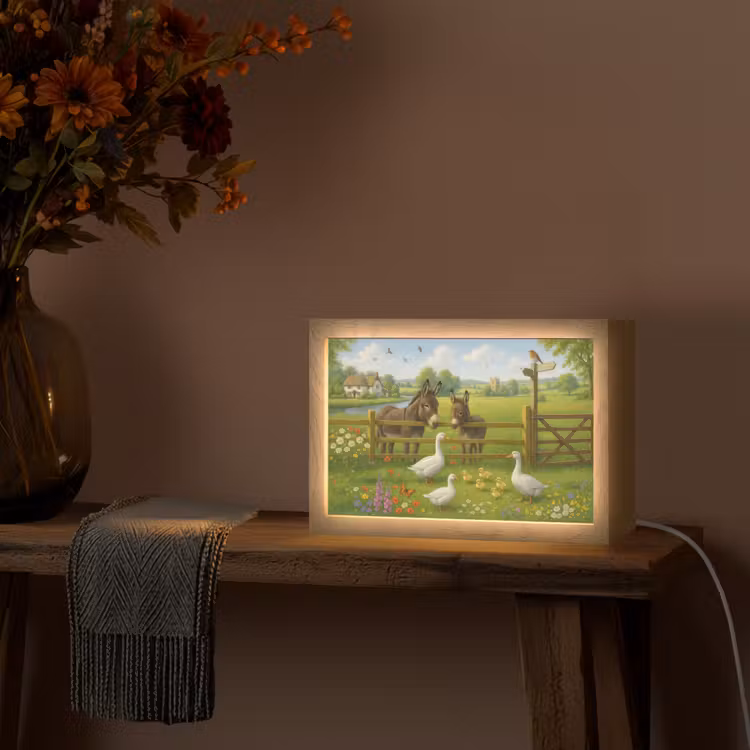 Ezels - Ganzen - Kleurrijk Light Box met kabel (Tafellamp) klein -sfeer4