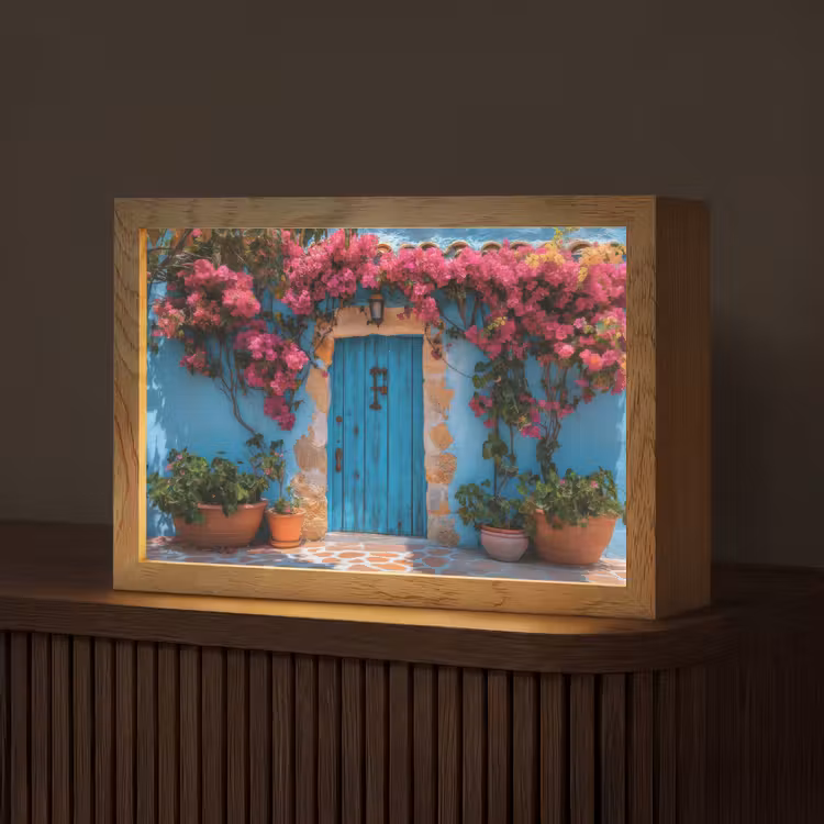 Deur - Hout - Bloemen - Blauw Light Box met kabel (Tafellamp) klein -z3d_website