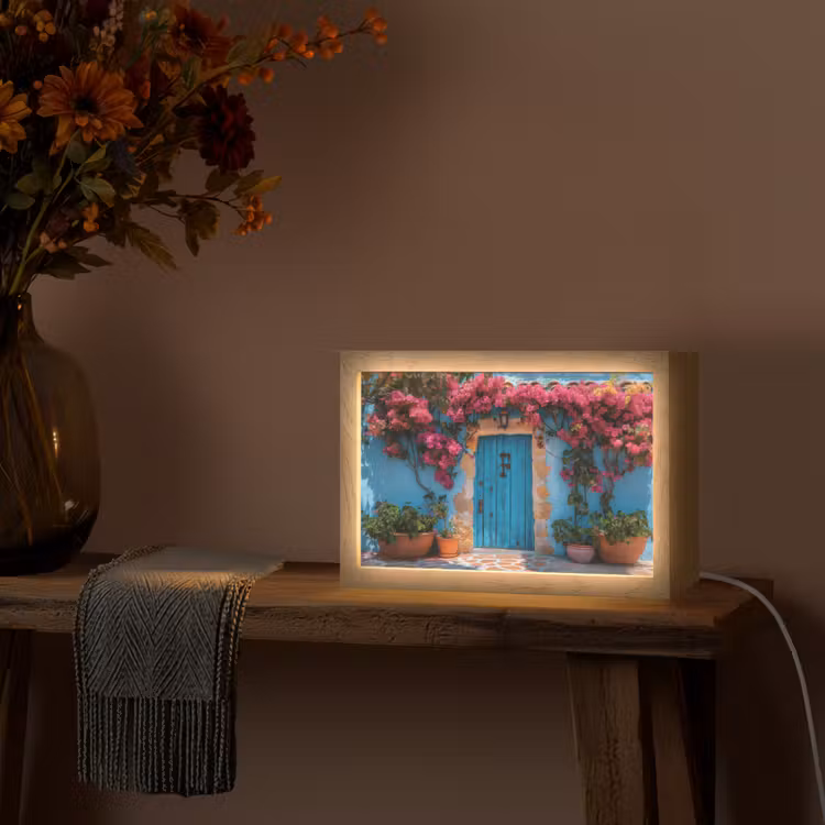 Deur - Hout - Bloemen - Blauw Light Box met kabel (Tafellamp) klein -sfeer4