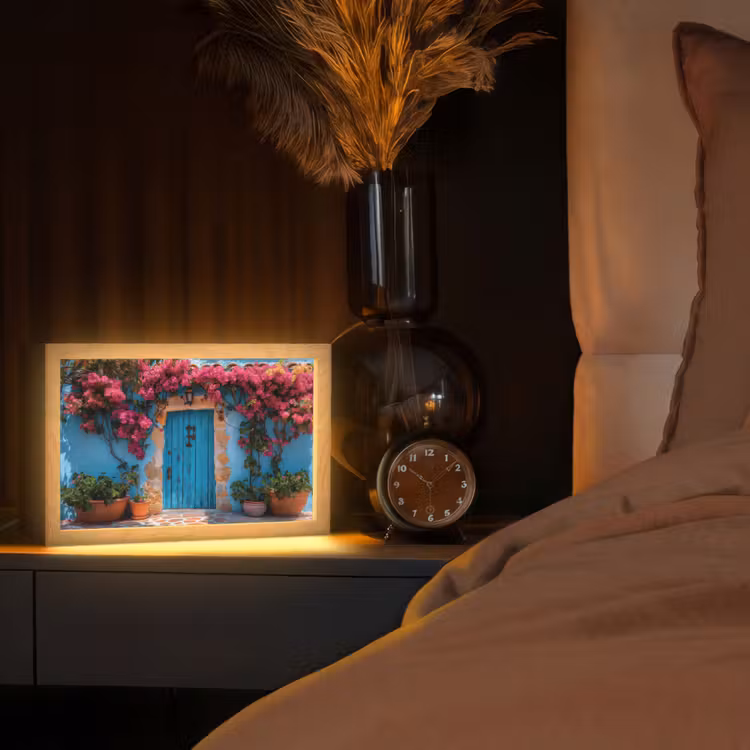 Deur - Hout - Bloemen - Blauw Light Box met kabel (Tafellamp) klein -sfeer1