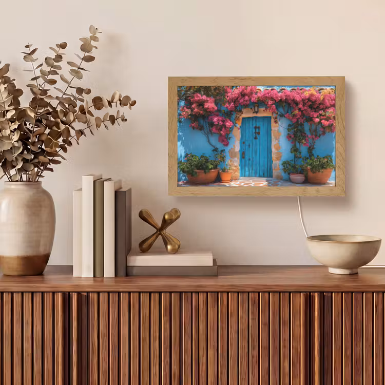 Deur - Hout - Bloemen - Blauw Light Box met kabel (Tafellamp) klein -sfeer2