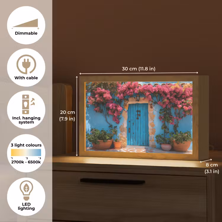 Deur - Hout - Bloemen - Blauw Light Box met kabel (Tafellamp) klein -USP_EN