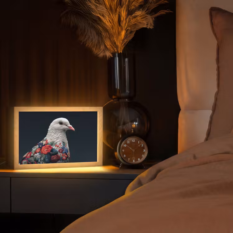 Duif - Bloemen - Wit - Zwart Light Box met kabel (Tafellamp) klein -sfeer1