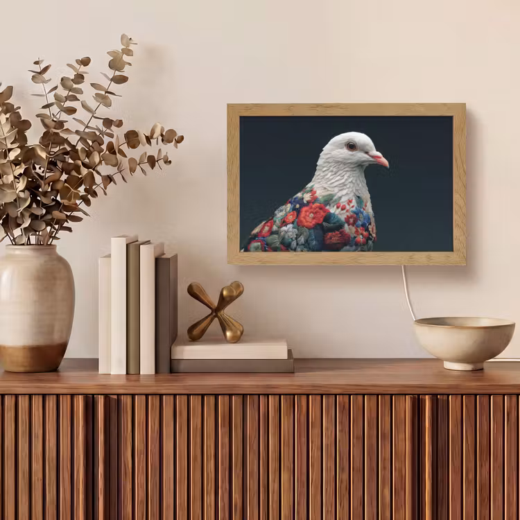Duif - Bloemen - Wit - Zwart Light Box met kabel (Tafellamp) klein -sfeer2