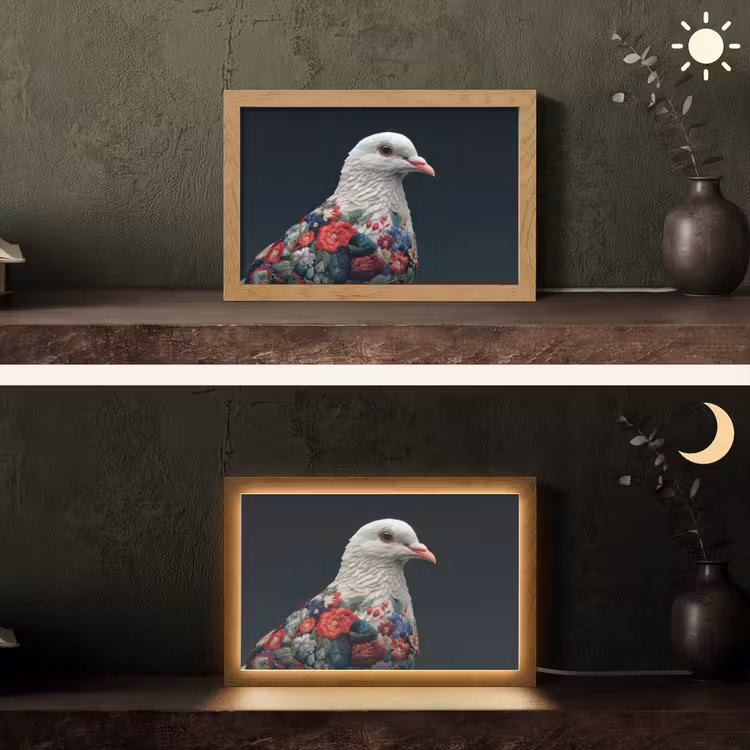 Duif - Bloemen - Wit - Zwart Light Box met kabel (Tafellamp) klein -sfeer3