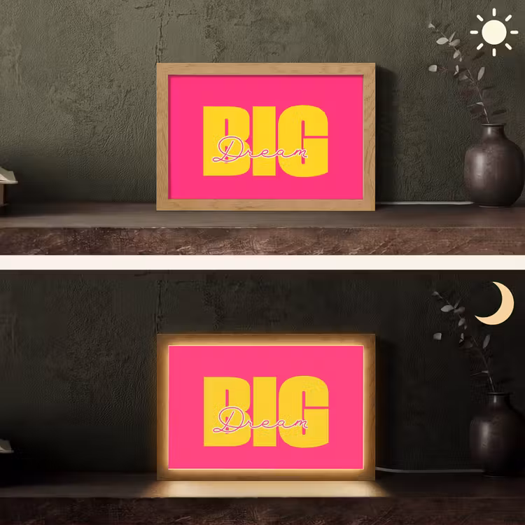 Dream big - Roze - Geel - Minimalistisch Light Box met kabel (Tafellamp) klein -sfeer3