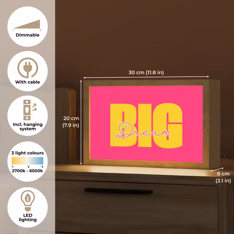 Dream big - Roze - Geel - Minimalistisch Light Box met kabel (Tafellamp) klein -USP_EN