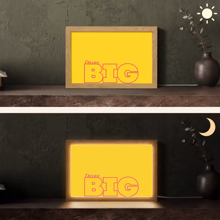 Dream big - Geel - Grafisch Light Box met kabel (Tafellamp) klein -sfeer3