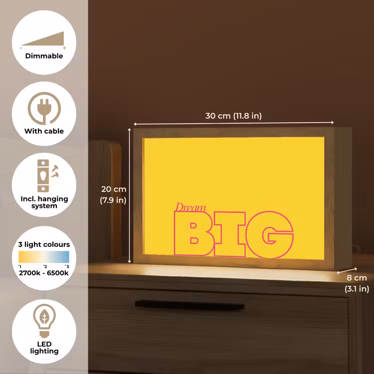 Dream big - Geel - Grafisch Light Box met kabel (Tafellamp) klein -USP_EN