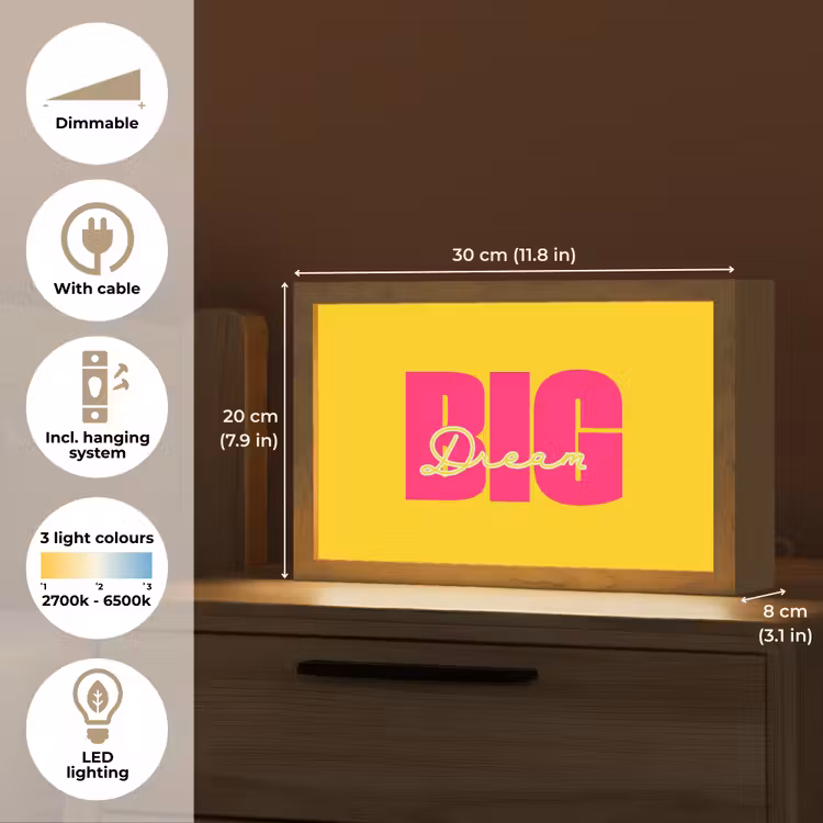 Dream big - Geel - Roze Light Box met kabel (Tafellamp) klein -USP_EN