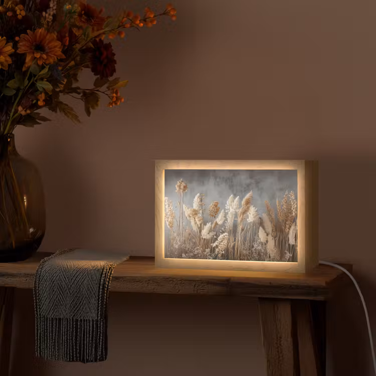 Gedroogde Veldbloemen - Grijs - Beton Light Box met kabel (Tafellamp) klein -sfeer4