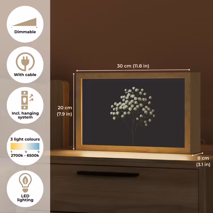 Gipskruid - Bloemetjes - Wit - Minimalistisch Light Box met kabel (Tafellamp) klein -USP_EN