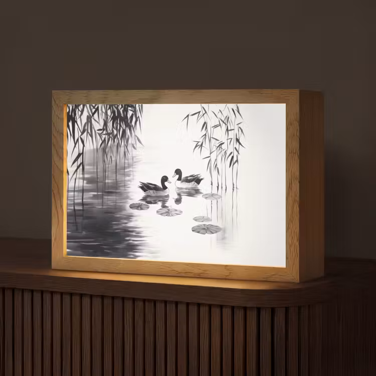 Eenden - Waterlelies - Riet - Zwart Light Box met kabel (Tafellamp) klein -z3d_website