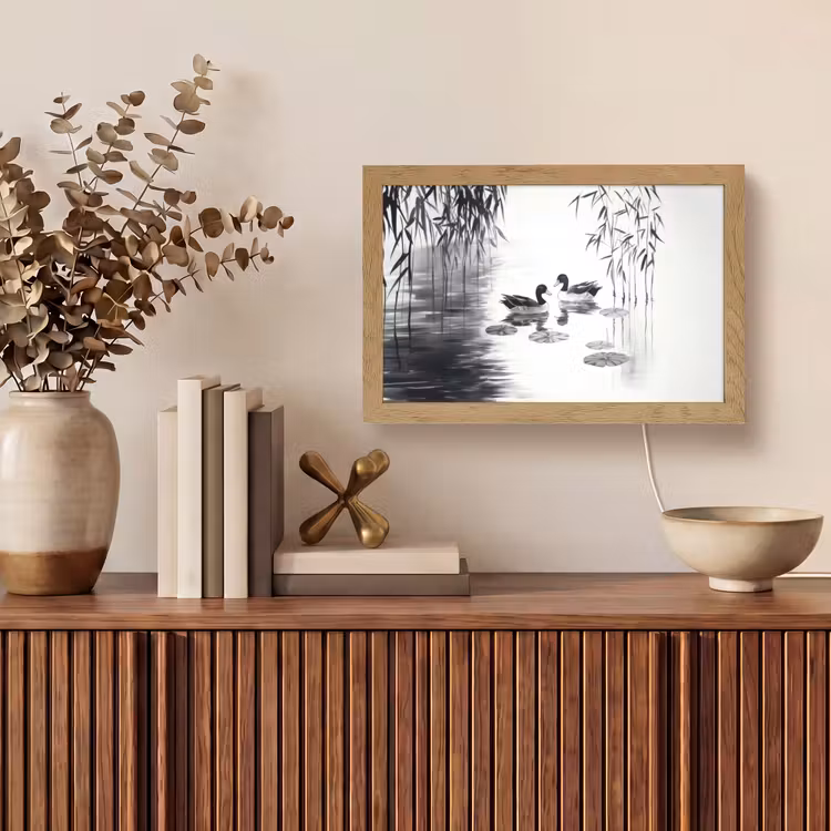 Eenden - Waterlelies - Riet - Zwart Light Box met kabel (Tafellamp) klein -sfeer2