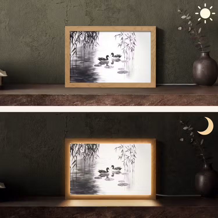 Eenden - Waterlelies - Riet - Zwart Light Box met kabel (Tafellamp) klein -sfeer3