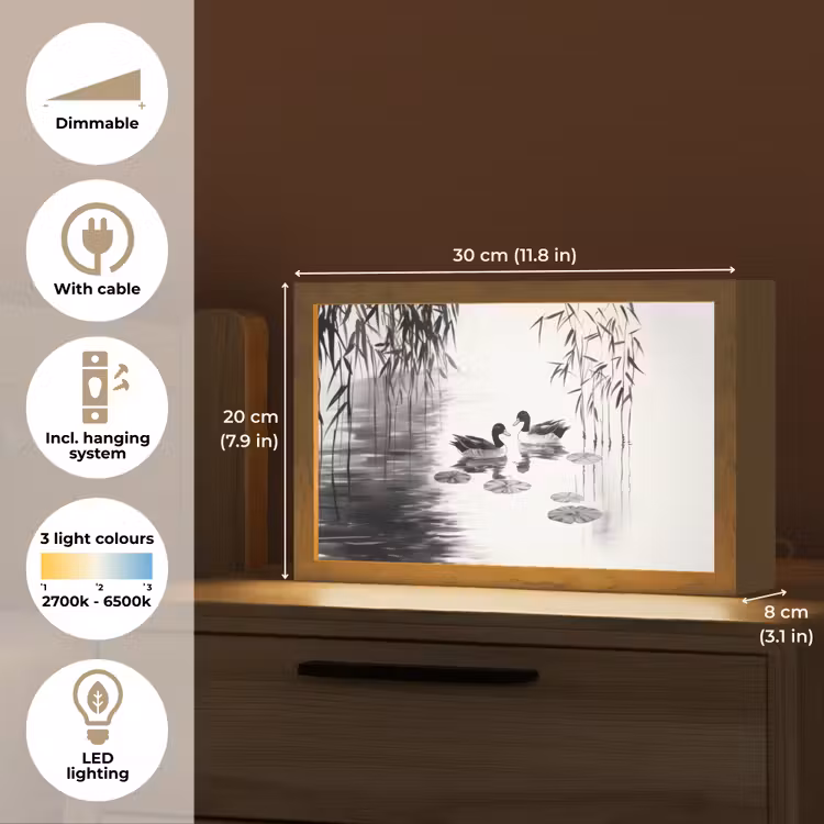 Eenden - Waterlelies - Riet - Zwart Light Box met kabel (Tafellamp) klein -USP_EN