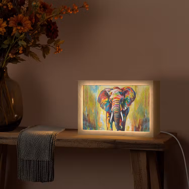 Olifant - Kunst - Schilderij - Dieren - Regenboog Light Box met kabel (Tafellamp) klein -sfeer4