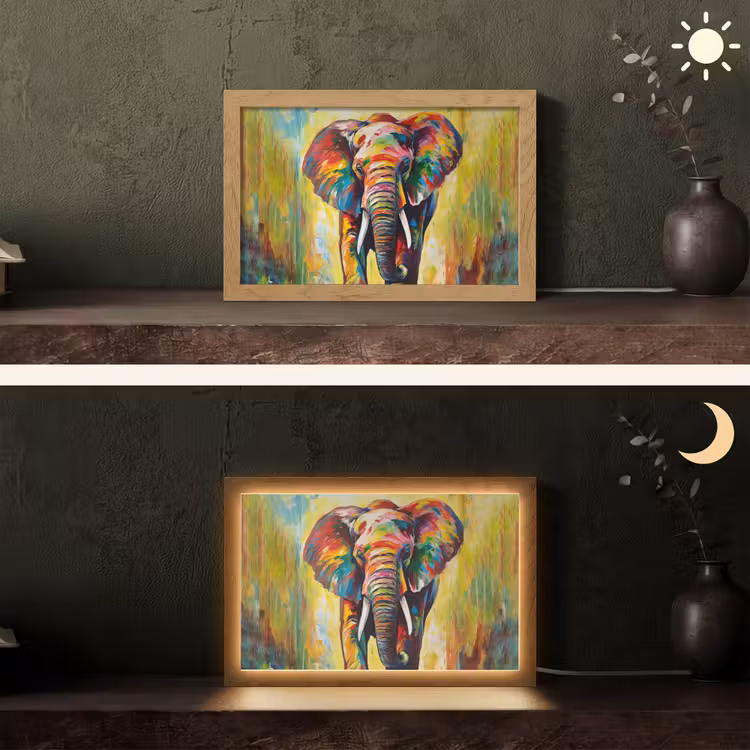 Olifant - Kunst - Schilderij - Dieren - Regenboog Light Box met kabel (Tafellamp) klein -sfeer3