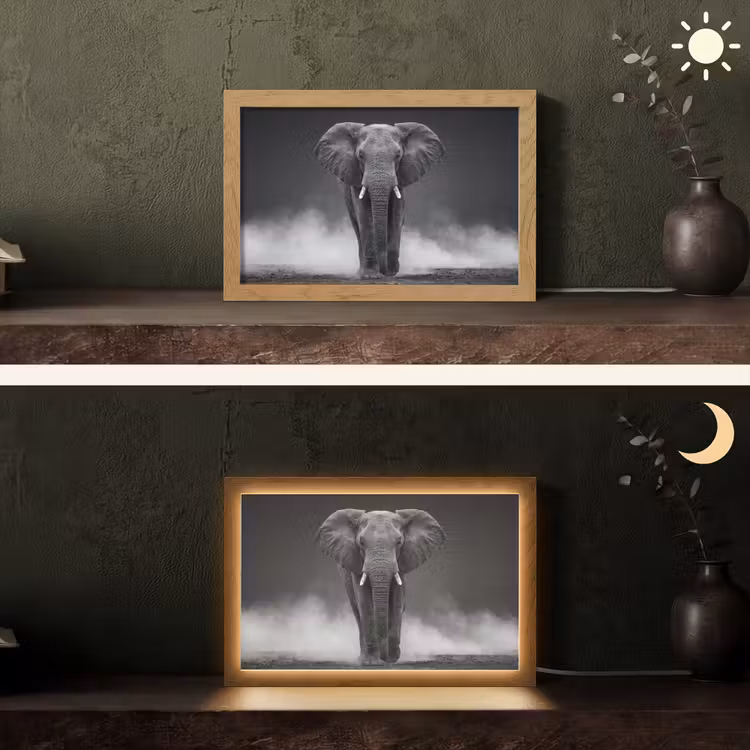 Olifant - Zwart - Wit - Rook Light Box met kabel (Tafellamp) klein -sfeer3