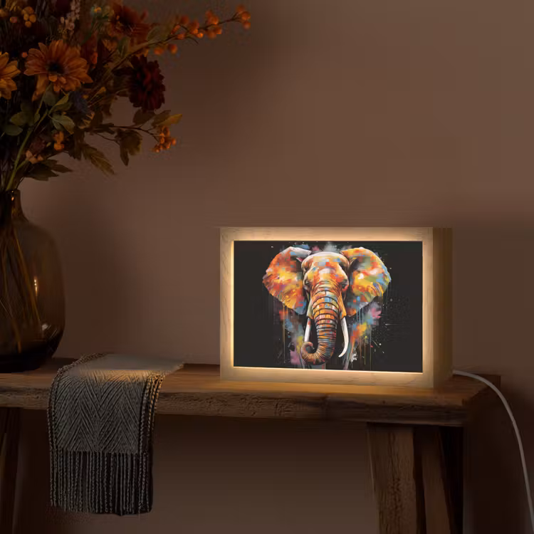 Olifant - Graffiti - Zwart - Dieren - Kleuren Light Box met kabel (Tafellamp) klein -sfeer4